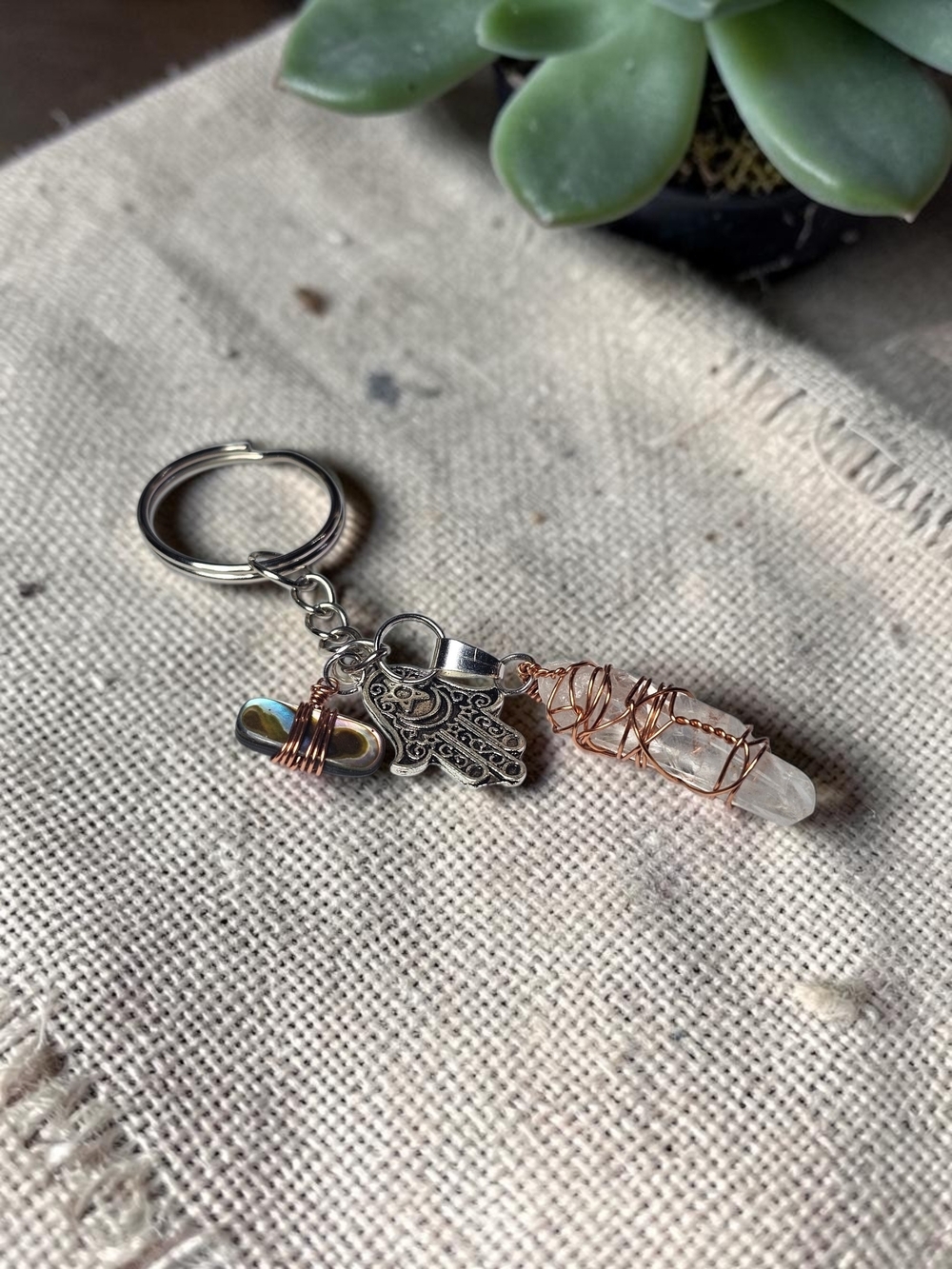 Crystal Point Wire-Wrap Keychain with Hamsa Charm